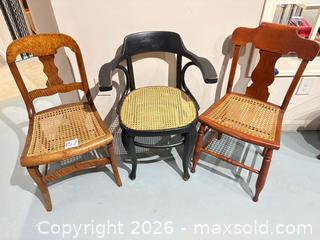 MaxSold Auction: Set of 3 Wooden Chairs with Caned Seats, Maple - Warwick (Rhode Island, USA) SELLER MANAGED Reseller Online Auction - Warwick Avenue
