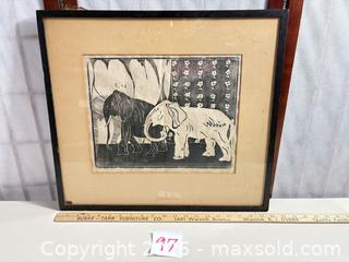 MaxSold Auction: Vintage Signed Elephant Woodblock Print in Black Wood Frame, 18 x 20 - Warwick (Rhode Island, USA) SELLER MANAGED Reseller Online Auction - Warwick Avenue