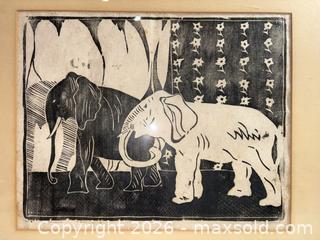 MaxSold Auction: Vintage Signed Elephant Woodblock Print in Black Wood Frame, 18 x 20 - Warwick (Rhode Island, USA) SELLER MANAGED Reseller Online Auction - Warwick Avenue