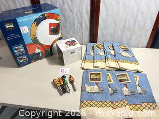 MaxSold Auction: Warren Kimble Henny & Penny 16pc Stoneware Dinnerware Set & Linens - Warwick (Rhode Island, USA) SELLER MANAGED Reseller Online Auction - Warwick Avenue