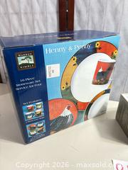 MaxSold Auction: Warren Kimble Henny & Penny 16pc Stoneware Dinnerware Set & Linens - Warwick (Rhode Island, USA) SELLER MANAGED Reseller Online Auction - Warwick Avenue
