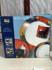 MaxSold Auction: Warren Kimble Rooster Stoneware Dinnerware Set for 4 with Towel - Warwick (Rhode Island, USA) SELLER MANAGED Reseller Online Auction - Warwick Avenue