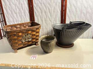 MaxSold Auction: Woven Wood Basket, Painted Metal Coal Scuttle & Brass Planter - Warwick (Rhode Island, USA) SELLER MANAGED Reseller Online Auction - Warwick Avenue