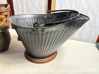 MaxSold Auction: Woven Wood Basket, Painted Metal Coal Scuttle & Brass Planter - Warwick (Rhode Island, USA) SELLER MANAGED Reseller Online Auction - Warwick Avenue
