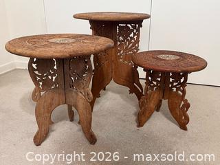 MaxSold Auction: Set of 3 Hand-Carved Folding Wood Accent Tables – Removable Tops – Solid Wood  - Toronto (Ontario, Canada) SUPER SHORT NOTICE PARTNER MANAGED Estate Sale Online Auction -  Wellington Street East (CONDO)