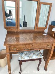 MaxSold Auction: Antique Oak Vanity / Dressing Table with Tri-Fold Mirror - Vienna (Virginia, USA) PARTNER MANAGED Estate Sale Online Auction - Mill Wheel Lane