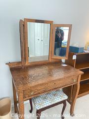 MaxSold Auction: Antique Oak Vanity / Dressing Table with Tri-Fold Mirror - Vienna (Virginia, USA) PARTNER MANAGED Estate Sale Online Auction - Mill Wheel Lane