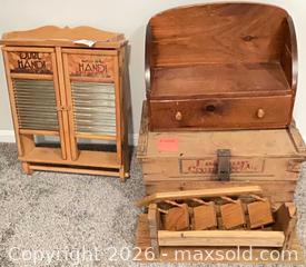 MaxSold Auction: Lot: Wooden Crate, Washboard Cabinet, Framed Mirror & Wood Pieces - Vienna (Virginia, USA) PARTNER MANAGED Estate Sale Online Auction - Mill Wheel Lane