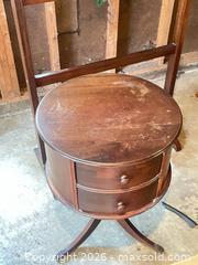MaxSold Auction: Mahogany Round Two-Drawer Side Table with Quilt/Towel Rack - Vienna (Virginia, USA) PARTNER MANAGED Estate Sale Online Auction - Mill Wheel Lane