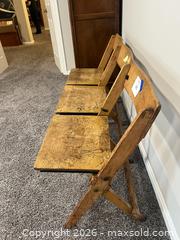MaxSold Auction: Vintage Mid-Century Wooden School Desk/Seat for 3 - Vienna (Virginia, USA) PARTNER MANAGED Estate Sale Online Auction - Mill Wheel Lane