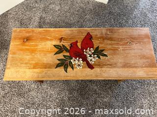 MaxSold Auction: Vintage Red Painted Wood Bench with Cardinal Design - Vienna (Virginia, USA) PARTNER MANAGED Estate Sale Online Auction - Mill Wheel Lane