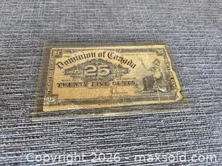 MaxSold Auction: Collectible 1900 Dominion of Canada 25-cent Banknote JC Saunders - Hamilton (Ontario, Canada) SELLER MANAGED Estate Sale Online Auction - Bishopsgate Ave.