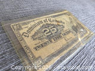 MaxSold Auction: Collectible 1900 Dominion of Canada 25-cent Banknote JC Saunders - Hamilton (Ontario, Canada) SELLER MANAGED Estate Sale Online Auction - Bishopsgate Ave.