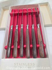 MaxSold Auction: Vintage Solingen Germany 6pc Stainless Steak Cutting Utensils Set - MCM Wood Handles - San Jose (California, USA) SELLER MANAGED Downsizing Online Auction - North 24th Street