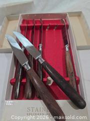 MaxSold Auction: Vintage Solingen Germany 6pc Stainless Steak Cutting Utensils Set - MCM Wood Handles - San Jose (California, USA) SELLER MANAGED Downsizing Online Auction - North 24th Street