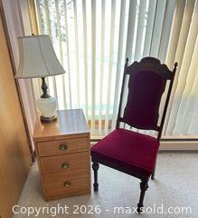 MaxSold Auction: Carved Wood Chair, 3-Drawer Nightstand & Milk Glass Lamp - Acme (Alberta, Canada) SELLER MANAGED Moving Online Auction - Township Road 292