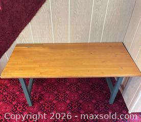 MaxSold Auction: Industrial Solid Wood Top Coffee Table with Green Metal Legs - Acme (Alberta, Canada) SELLER MANAGED Moving Online Auction - Township Road 292
