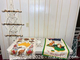 MaxSold Auction: Large Cream Macramé Wall Hanging with Printed Tea Towels - Acme (Alberta, Canada) SELLER MANAGED Moving Online Auction - Township Road 292