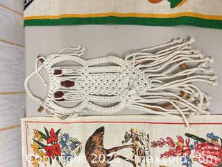 MaxSold Auction: Large Cream Macramé Wall Hanging with Printed Tea Towels - Acme (Alberta, Canada) SELLER MANAGED Moving Online Auction - Township Road 292
