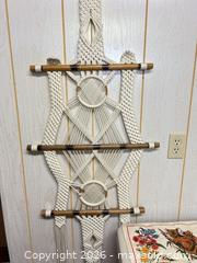 MaxSold Auction: Large Cream Macramé Wall Hanging with Printed Tea Towels - Acme (Alberta, Canada) SELLER MANAGED Moving Online Auction - Township Road 292