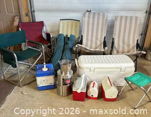 MaxSold Auction: Lot: Folding Camp Chairs, Coolers, Stools, Metal Bucket - Acme (Alberta, Canada) SELLER MANAGED Moving Online Auction - Township Road 292