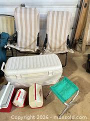 MaxSold Auction: Lot: Folding Camp Chairs, Coolers, Stools, Metal Bucket - Acme (Alberta, Canada) SELLER MANAGED Moving Online Auction - Township Road 292