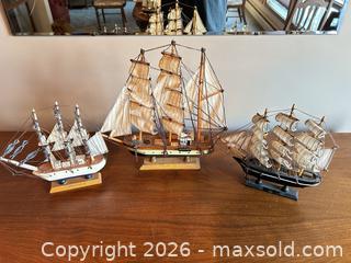 MaxSold Auction: Lot of 3 Decorative Tabletop Model Ships (Wood & Fabric) - Acme (Alberta, Canada) SELLER MANAGED Moving Online Auction - Township Road 292