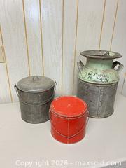 MaxSold Auction: Lot of 3 Tin & Galvanized Painted Pails for Farmhouse Decor - Acme (Alberta, Canada) SELLER MANAGED Moving Online Auction - Township Road 292