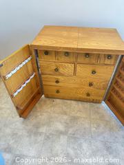 MaxSold Auction: Mid-Century Light Oak / Honey Storage Cabinet with Drawers - Acme (Alberta, Canada) SELLER MANAGED Moving Online Auction - Township Road 292