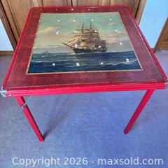 MaxSold Auction: Wood Folding Table with Nautical Print, Red & Blue - Acme (Alberta, Canada) SELLER MANAGED Moving Online Auction - Township Road 292