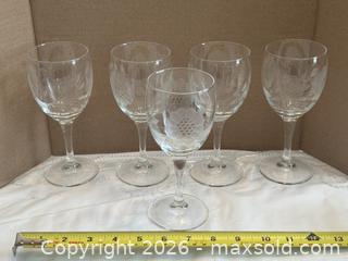 MaxSold Auction: Set of 5 Mint Etched Corn Flower Pattern Wine Glasses - Ottawa (Kanata) (Ontario, Canada) SELLER MANAGED Estate Sale Online Auction - Country Lane West