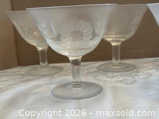 MaxSold Auction: Vintage Etched Cornflower Pattern Champagne/Sherbet Glasses Set of 5 - Ottawa (Kanata) (Ontario, Canada) SELLER MANAGED Estate Sale Online Auction - Country Lane West