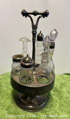 MaxSold Auction: This item is an antique Victorian etched glass and silverplate castor cruet set - Wheatland (New York, USA) SELLER MANAGED Downsizing Online Auction -  Briarwood Lane