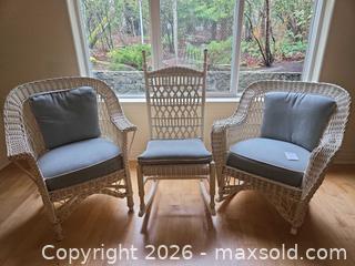 MaxSold Auction: 3-Piece Wicker Patio Set, White/Ivory & Blue - Saanich (British Columbia, Canada) PARTNER MANAGED Downsizing Online Auction - Gordon Point Drive