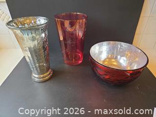 MaxSold Auction: Assorted Red/Silver Glass Vases & Bowl - Saanich (British Columbia, Canada) PARTNER MANAGED Downsizing Online Auction - Gordon Point Drive