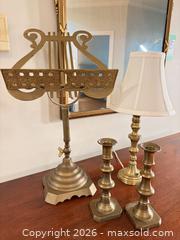 MaxSold Auction: Brass Lyre Music Stand, Table Lamp & Pair of Candlesticks - Saanich (British Columbia, Canada) PARTNER MANAGED Downsizing Online Auction - Gordon Point Drive