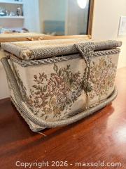 MaxSold Auction: Eaton Tapestry Fabric Sewing Basket with Rope Trim - Saanich (British Columbia, Canada) PARTNER MANAGED Downsizing Online Auction - Gordon Point Drive