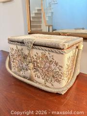 MaxSold Auction: Eaton Tapestry Fabric Sewing Basket with Rope Trim - Saanich (British Columbia, Canada) PARTNER MANAGED Downsizing Online Auction - Gordon Point Drive