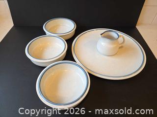 MaxSold Auction: Mikasa Speckle Blue Rim Stoneware Serving Set - Saanich (British Columbia, Canada) PARTNER MANAGED Downsizing Online Auction - Gordon Point Drive