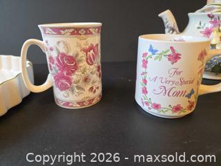 MaxSold Auction: Porcelain/Bone China Floral Teapot, Two Mugs & Serving Plate - Saanich (British Columbia, Canada) PARTNER MANAGED Downsizing Online Auction - Gordon Point Drive