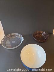 MaxSold Auction: Pyrex Clear Glass Pie Plate, Enamel Serving Bowl and Vision glass bowl - Saanich (British Columbia, Canada) PARTNER MANAGED Downsizing Online Auction - Gordon Point Drive