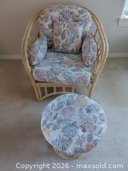 MaxSold Auction: Rattan Chair and Footstool Set with Floral Cushions - Saanich (British Columbia, Canada) PARTNER MANAGED Downsizing Online Auction - Gordon Point Drive