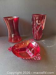 MaxSold Auction: Red Ruby Glass Tall Vases and Divided Dish - Saanich (British Columbia, Canada) PARTNER MANAGED Downsizing Online Auction - Gordon Point Drive