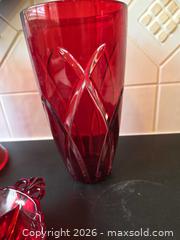 MaxSold Auction: Red Ruby Glass Tall Vases and Divided Dish - Saanich (British Columbia, Canada) PARTNER MANAGED Downsizing Online Auction - Gordon Point Drive