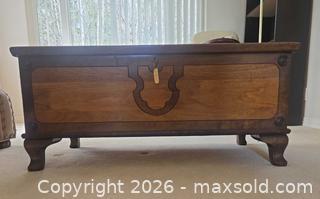 MaxSold Auction: Solid Wood Cedar Chest with Carved Front & Lock - Saanich (British Columbia, Canada) PARTNER MANAGED Downsizing Online Auction - Gordon Point Drive