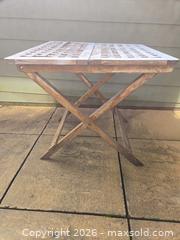 MaxSold Auction: Teak-like Wood Folding Bistro Table with Slatted Top, Rustic Patio - Saanich (British Columbia, Canada) PARTNER MANAGED Downsizing Online Auction - Gordon Point Drive
