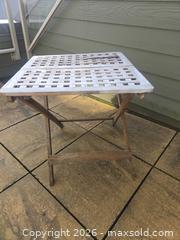 MaxSold Auction: Teak-like Wood Folding Bistro Table with Slatted Top, Rustic Patio - Saanich (British Columbia, Canada) PARTNER MANAGED Downsizing Online Auction - Gordon Point Drive