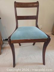 MaxSold Auction: Victorian-Style Wooden Accent Chair with Light Blue Velvet Seat - Saanich (British Columbia, Canada) PARTNER MANAGED Downsizing Online Auction - Gordon Point Drive