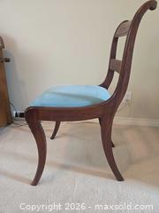 MaxSold Auction: Victorian-Style Wooden Accent Chair with Light Blue Velvet Seat - Saanich (British Columbia, Canada) PARTNER MANAGED Downsizing Online Auction - Gordon Point Drive