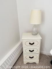 MaxSold Auction: White Solid Wood Nightstand with Lamp, 3 Drawers - Greater Sudbury (Ontario, Canada) PARTNER MANAGED Moving Online Auction - Regent Street (CONDO)